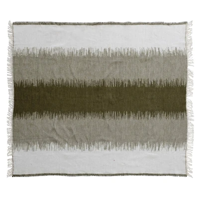 Hello Honey® Green and White Woven Cotton Blend Throw Blanket with Stripes and Fringe