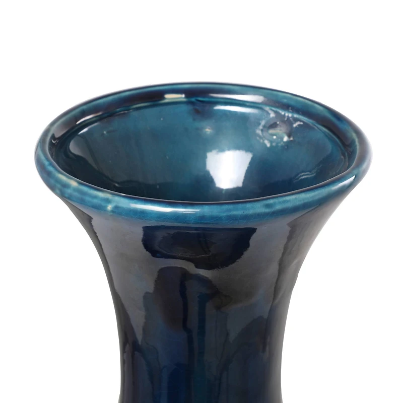 Teal Ceramic Tall Geometric Floor Vase with Gold Accents