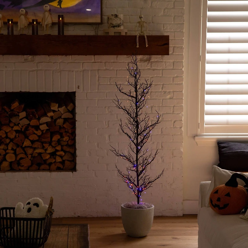 5ft. Pre-Lit Artificial Halloween Black Spooky Twig Tree with 200 Orange & Purple Copper Wire String LED Lights