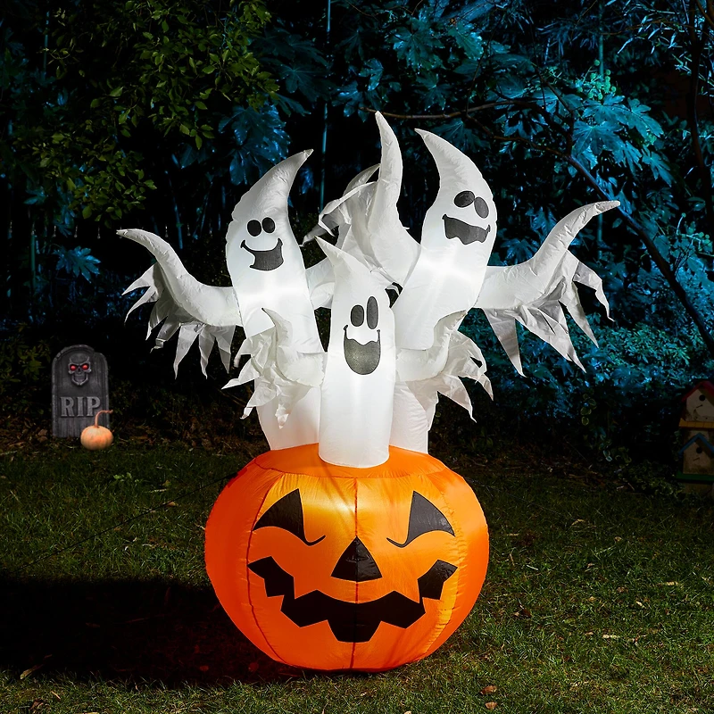 Glitzhome® 6ft. Lighted 3 Ghosts In Jack-O'-Lantern Pumpkin with Scream Inflatable Décor