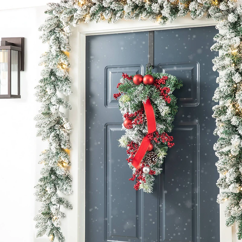 Glitzhome® 25" Flocked Berry, Ornament & Pinecone Ribbon Teardrop