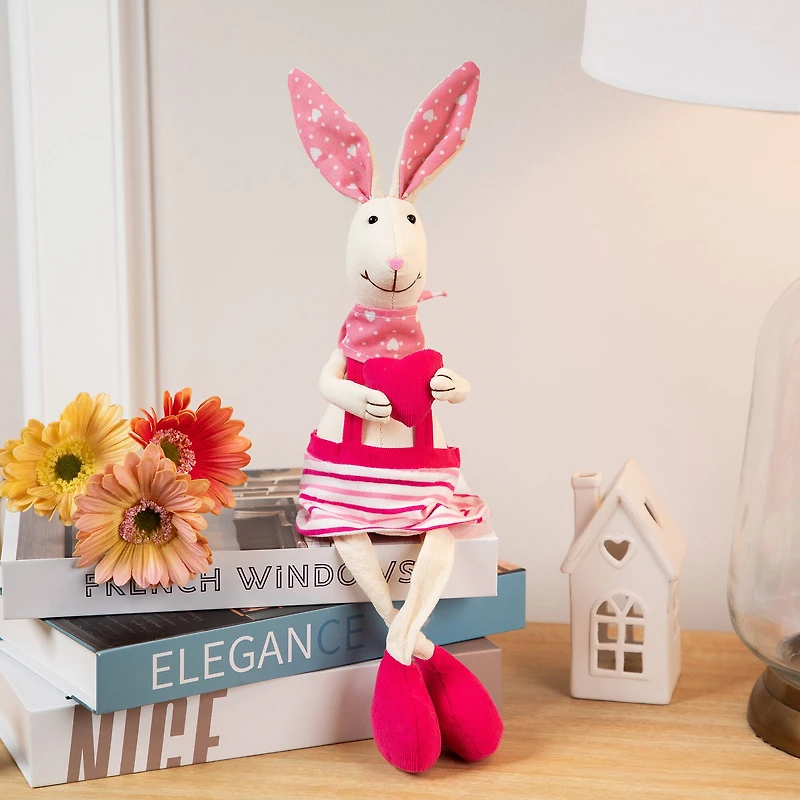 16.5" Pink & Cream Sitting Girl Easter Rabbit Figure with Dangling Legs