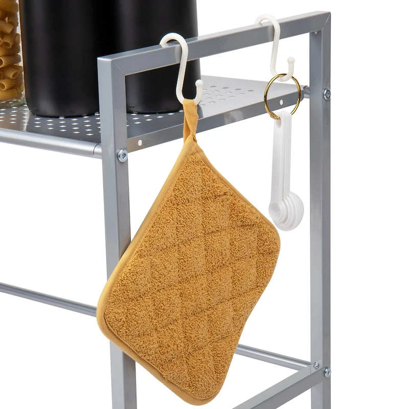 Mind Reader Silver Metal Rack Utility Shelf and Microwave Stand with Two Hooks