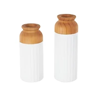 White & Brown Grooved Texture Metal & Wood Vase Set