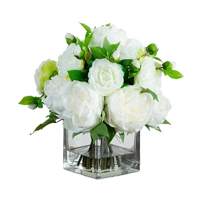 Wedding Collection 13in. Peony and Camellia Artificial Arrangement in Glass Vase