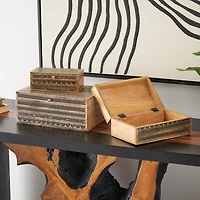Brown Handmade Storage Box Set with Black Tribal Carvings & Gold Accents