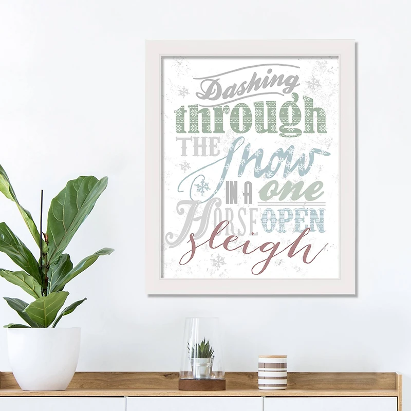 Dashing Through the Snow Typography White Framed Canvas Wall Art