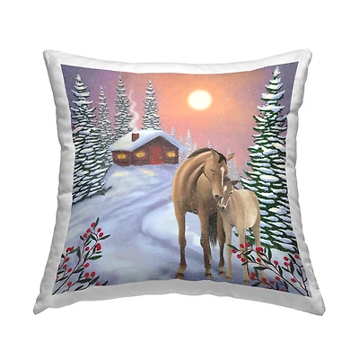 Stupell Industries Winter Cabin Horses Hugging Throw Pillow