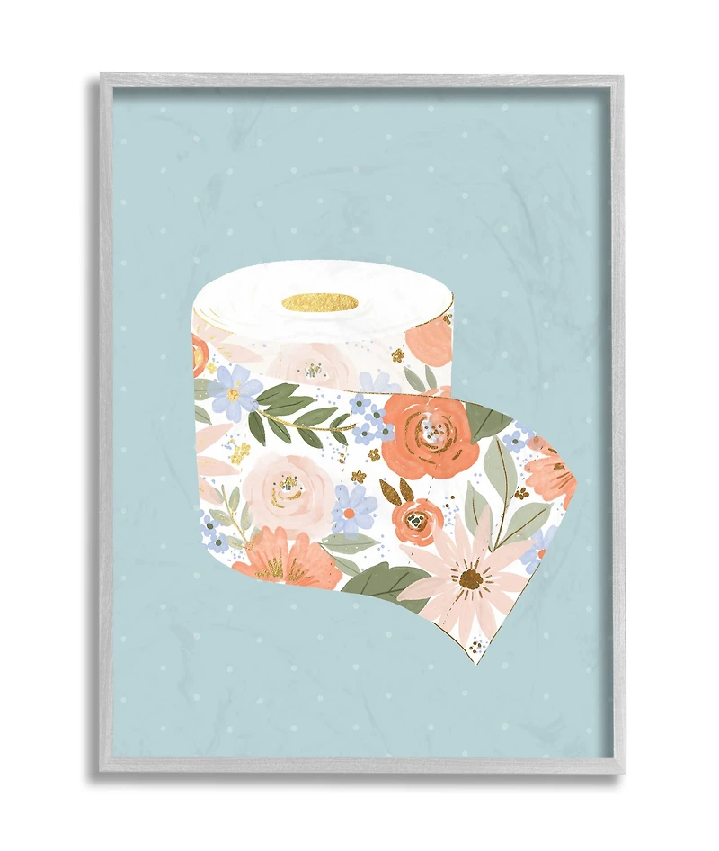 Stupell Industries Spring Floral Print Toilet Paper over Blue in Gray Frame Wall Art