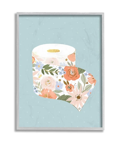 Stupell Industries Spring Floral Print Toilet Paper over Blue in Gray Frame Wall Art