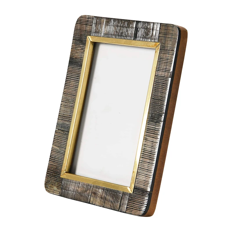 Hello Honey® Black & Natural Hand-Carved Horn 5" x 7" Tabletop Frame with Brass Border