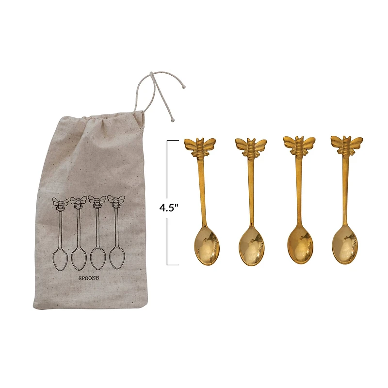 Hello Honey® Farmhouse Brass Spoons with Bee Handles Set in Drawstring Bag