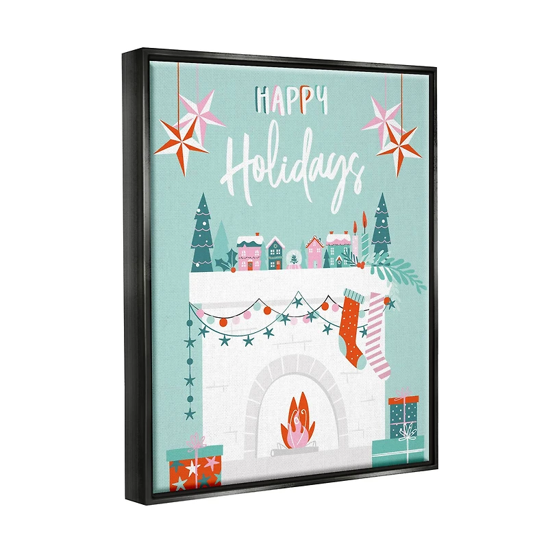 Stupell Industries Happy Holidays Festive Mantel Stockings Framed Floater Canvas Wall Art