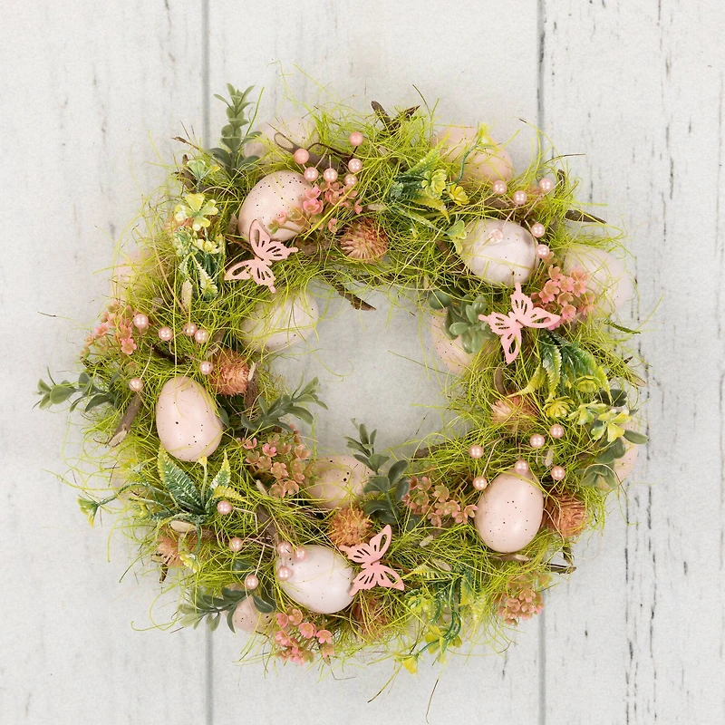13" Green & Pink Easter Eggs with Butterflies Wreath
