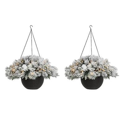 Glitzhome® 24'' Pre-Lit Snow Flocked Christmas Artificial Pine Poinsettia Hanging Baskets, 2ct.