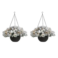 Glitzhome® 24'' Pre-Lit Snow Flocked Christmas Artificial Pine Poinsettia Hanging Baskets, 2ct.