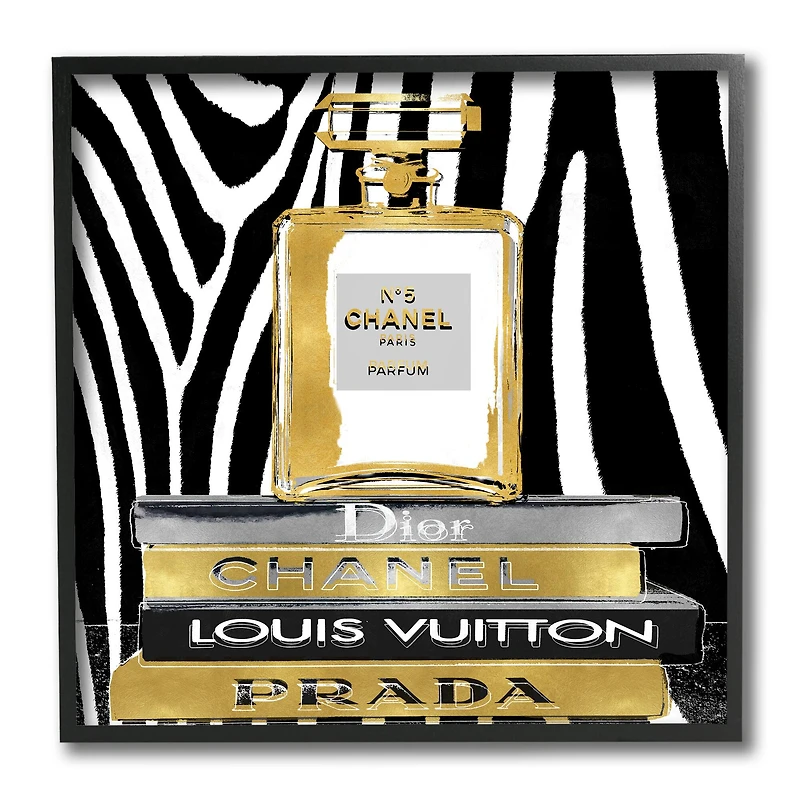 Stupell Industries Glam Fragrance Fashion Book Stack Black Zebra Print Black Framed Wall Art