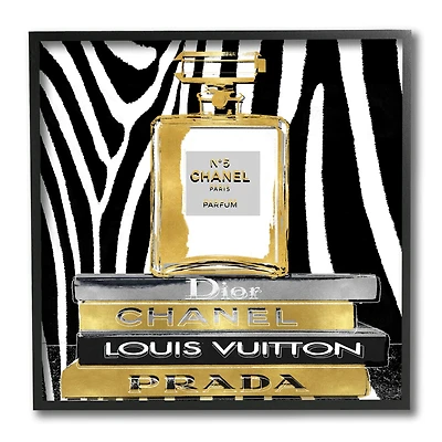 Stupell Industries Glam Fragrance Fashion Book Stack Black Zebra Print Black Framed Wall Art