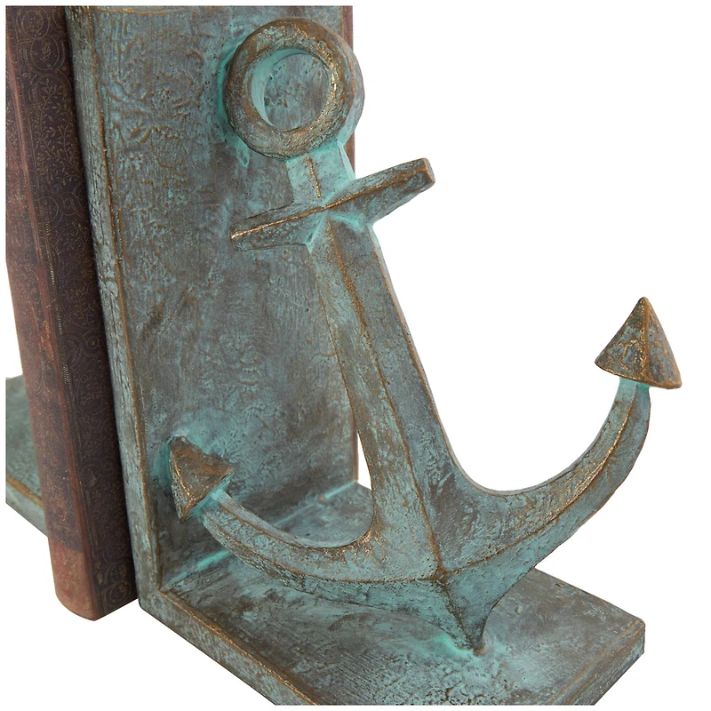 8.5" Blue Polystone Anchor Distressed Patina Bookends with Gold Foil Accents Set