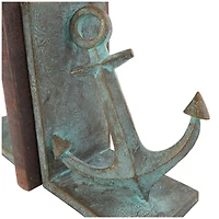 8.5" Blue Polystone Anchor Distressed Patina Bookends with Gold Foil Accents Set