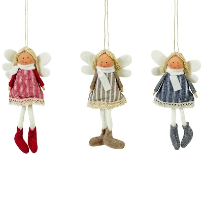 Angel Doll with Wings Christmas Ornaments - 6" - Red Brown and Blue - Set of 3