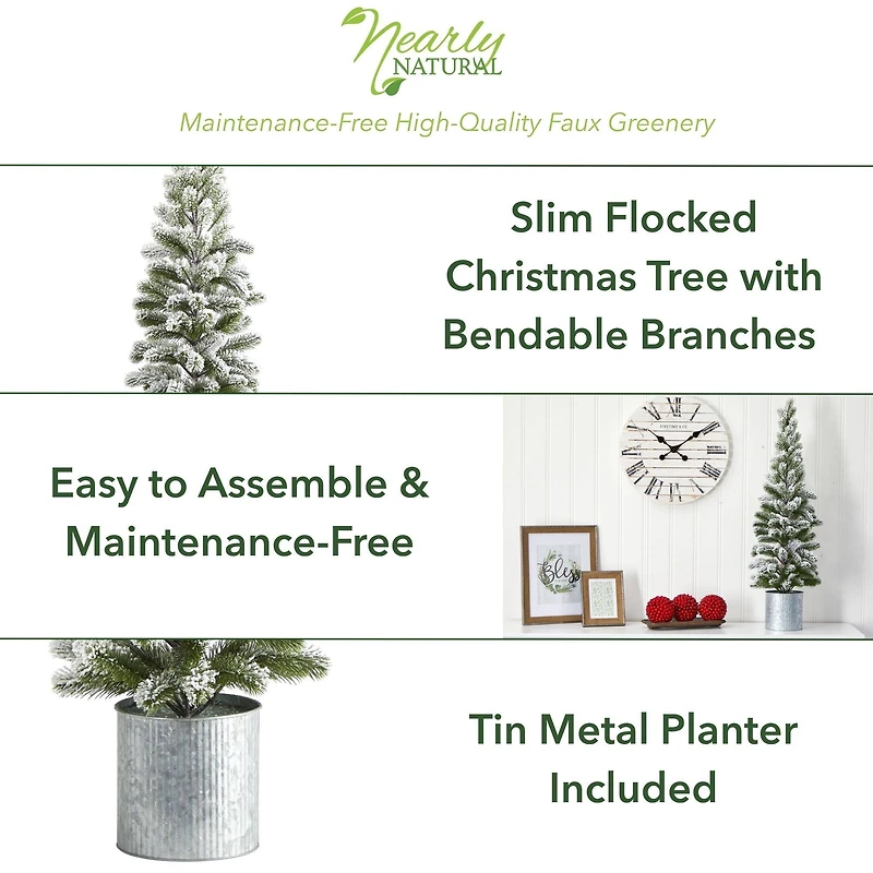 3ft. Unlit Flocked Pine Artificial Christmas Tree in Tin Planter