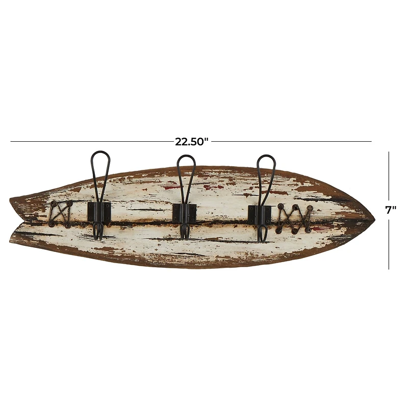 22.5" x 7" Brown Wood Handmade Distressed Fish Shaped 3 Hanger Wall Hook with Metal Accents