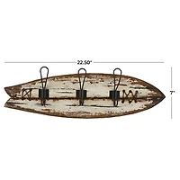 22.5" x 7" Brown Wood Handmade Distressed Fish Shaped 3 Hanger Wall Hook with Metal Accents
