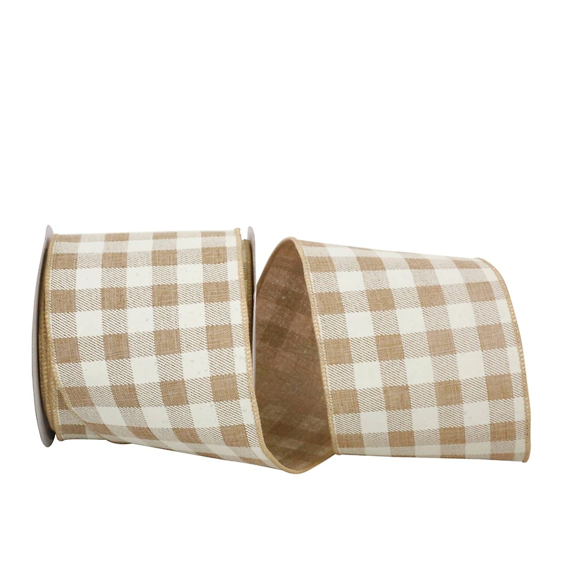 Reliant 4" x 10yd. Natural Check Linen Wired Ribbon