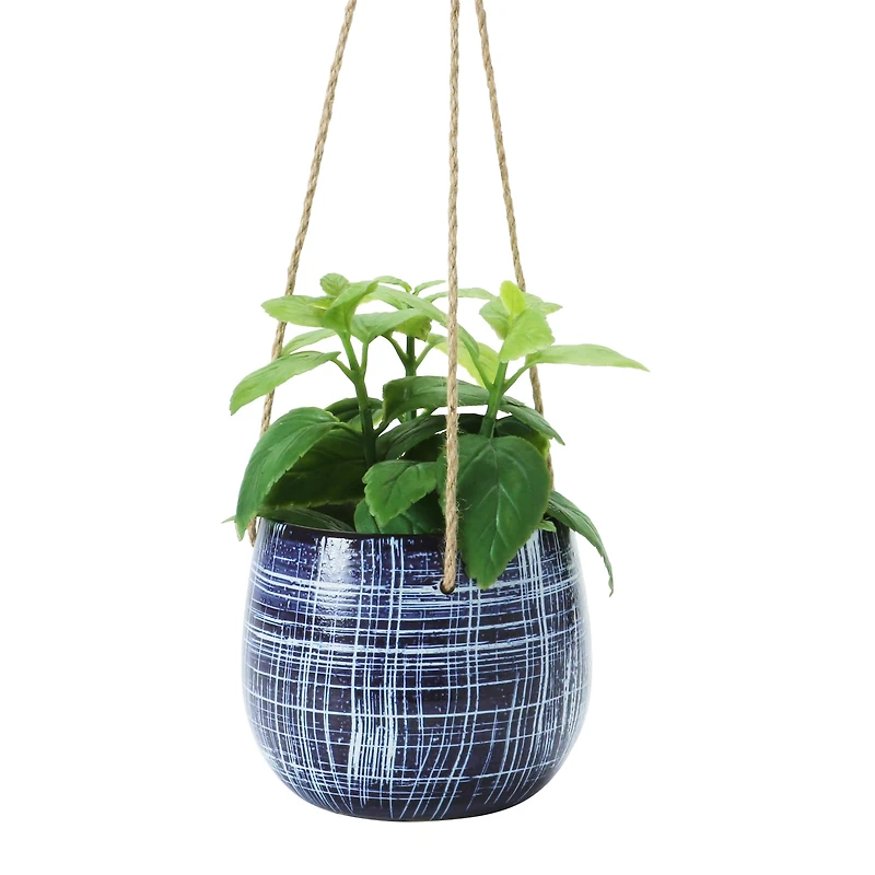 Hello Honey® 5" Blue Pattern Hanging Stoneware Planter with Jute Hanger