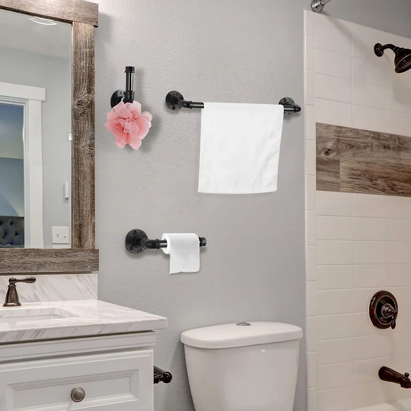 Black 4-Piece Wall Mounted Industrial Pipe Bathroom Hardware Set