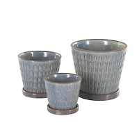 Blue Geometric Oval Patterned Ceramic Planter Set