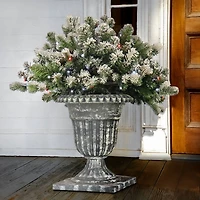 24" Feel Real® Snowy Sheffield Spruce Porch Bush in Silver Brushed Plastic Urn