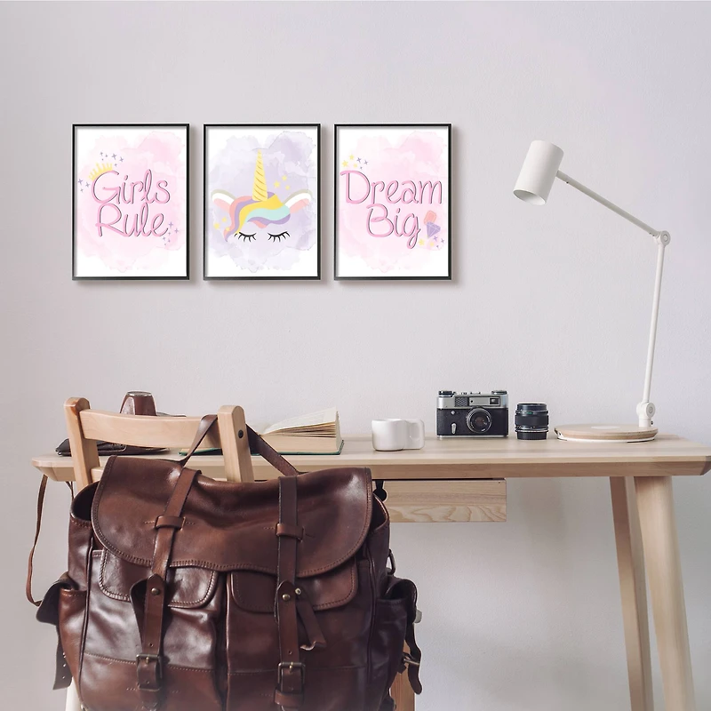 Stupell Industries Girls Rule Dream Big Star Crown Unicorn Framed Wall Art