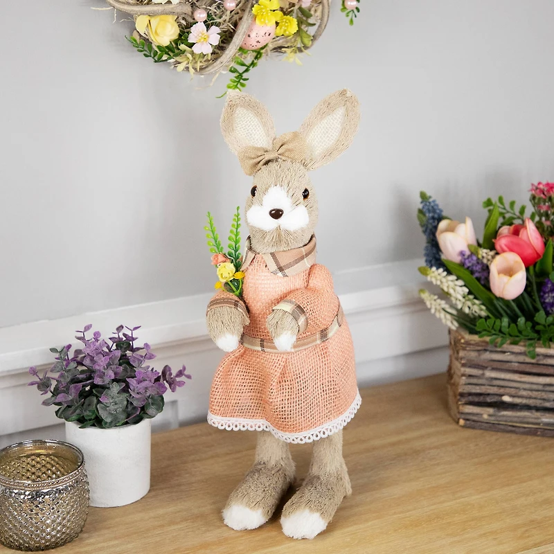 15.25" Beige Rustic Girl Rabbit Easter Figure with Flowers