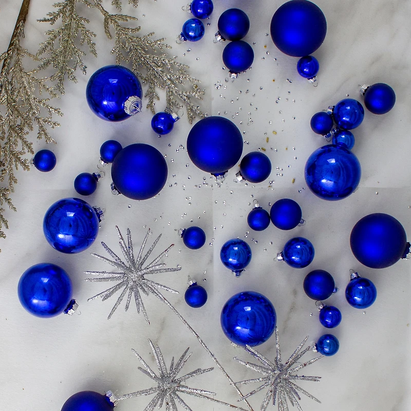 40ct. 2.5" Shiny & Matte Royal Blue & Silver Glass Ball Christmas Ornaments