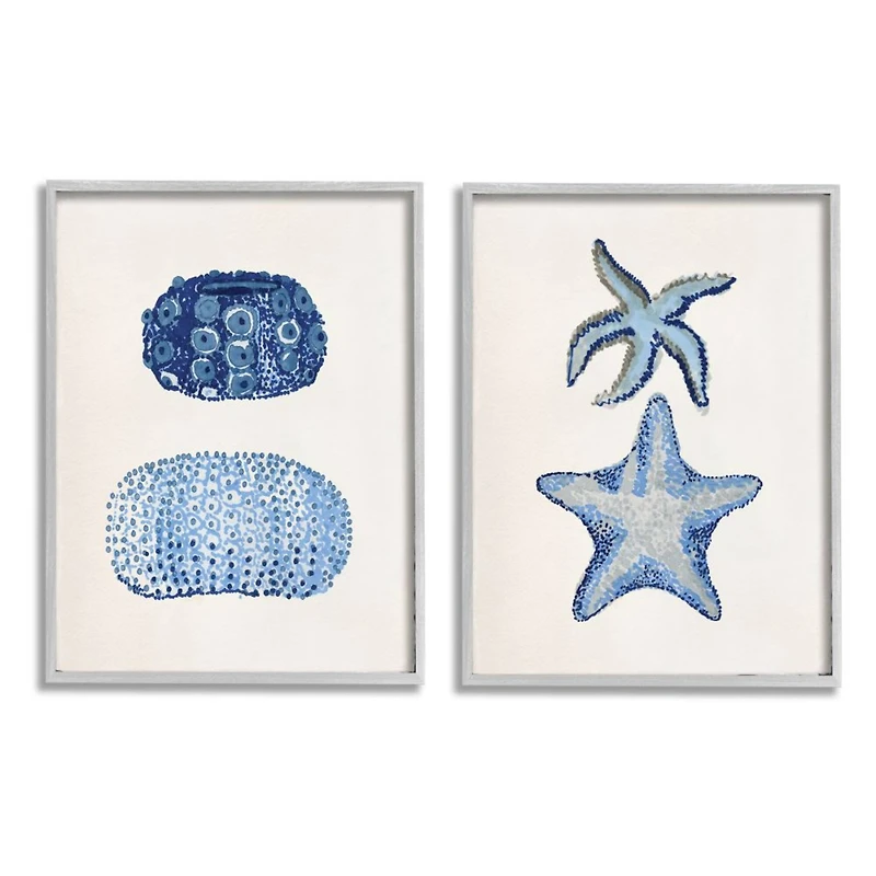Stupell Industries Minimal Nautical Sea Creatures Blue White Painting in Gray Frame Wall Art