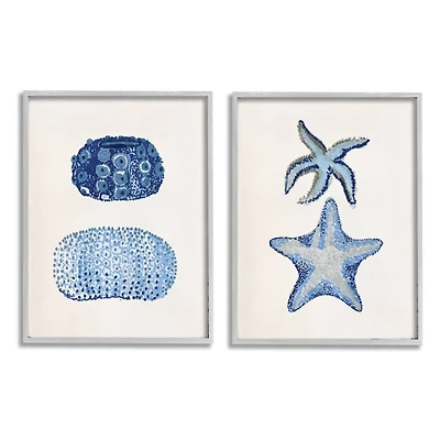 Stupell Industries Minimal Nautical Sea Creatures Blue White Painting in Gray Frame Wall Art