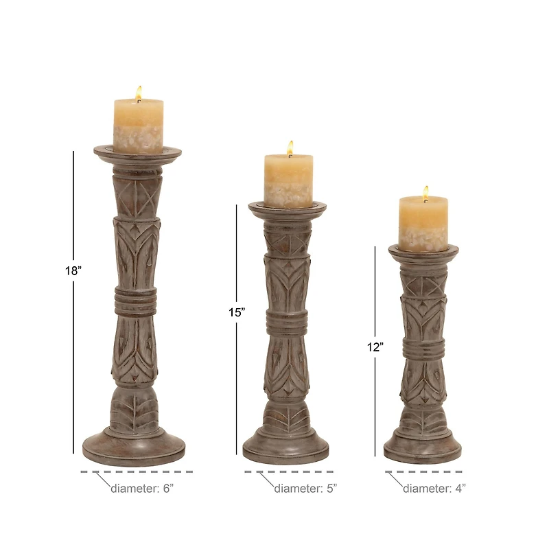 Light Brown Mango Wood Traditional Candle Holder Set