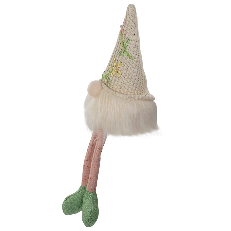 17" Lighted Cream & Pink Sitting Gnome with Knitted Hat Figure