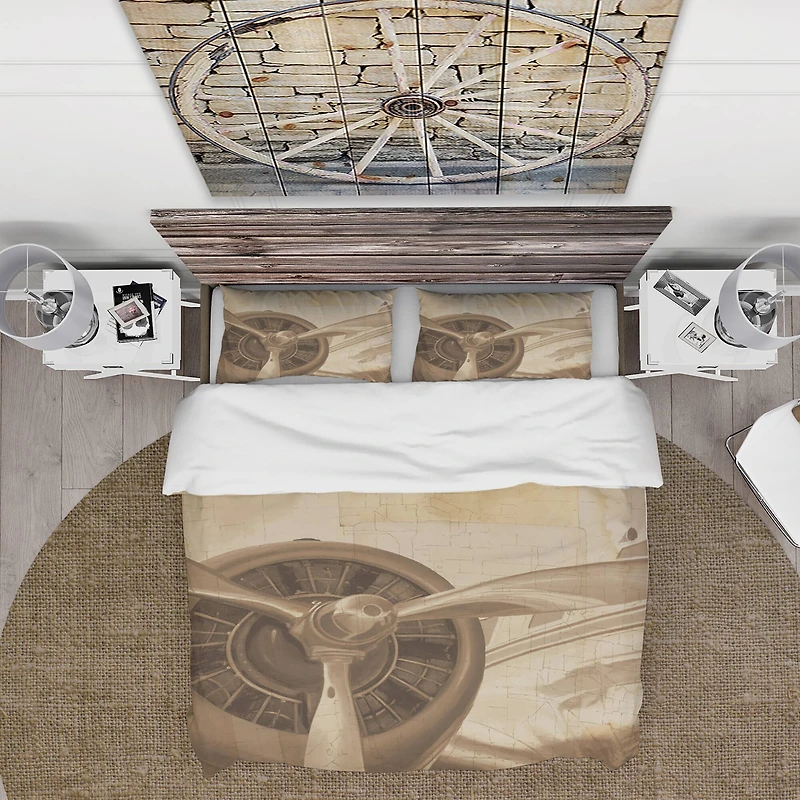 Designart 'Retro Airplanes Sepia' Traditional Bedding Set