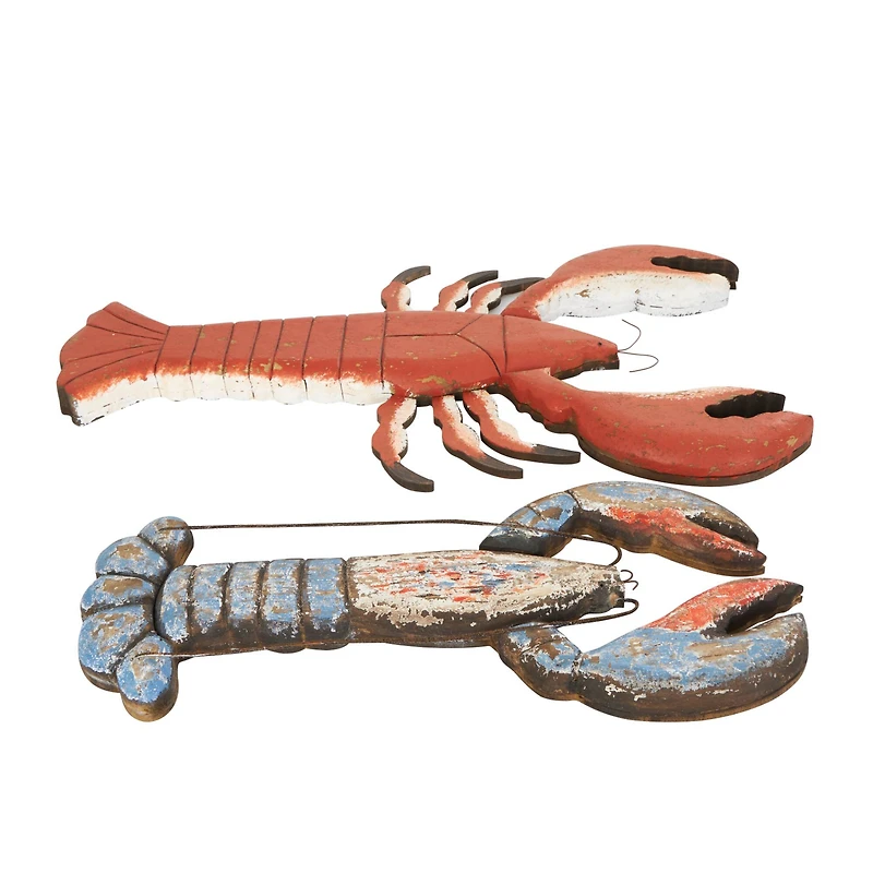 Red & Blue Wood Lobster Handmade Distressed Sculpture Set