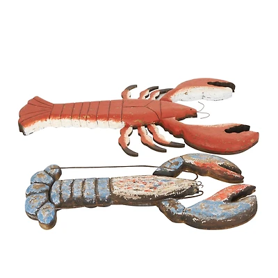 Red & Blue Wood Lobster Handmade Distressed Sculpture Set