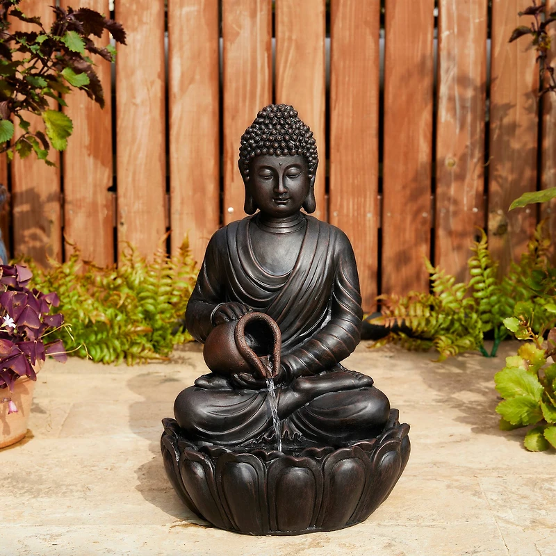 Glitzhome® 20.5" Zen-Style LED 2-Tier Buddha Statue Outdoor Fountain