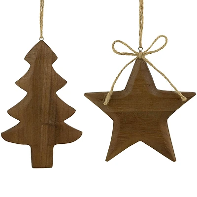 Tree and Star Wooden Christmas Ornaments - 5" - Brown - Set of 2