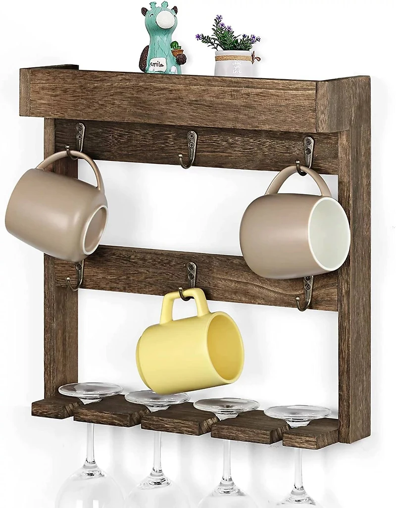 NEX™ 16" Rustic Brown Wood Wall-Mounted Coffee Mug Rack