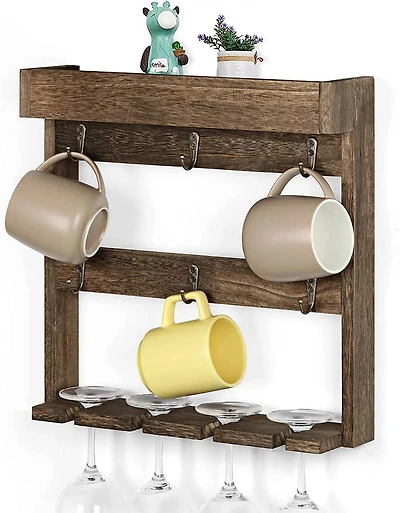 NEX™ 16" Rustic Brown Wood Wall-Mounted Coffee Mug Rack
