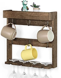 NEX™ 16" Rustic Brown Wood Wall-Mounted Coffee Mug Rack