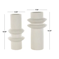 White Ceramic Abstract Ribbed Vase with Speckled Texturing