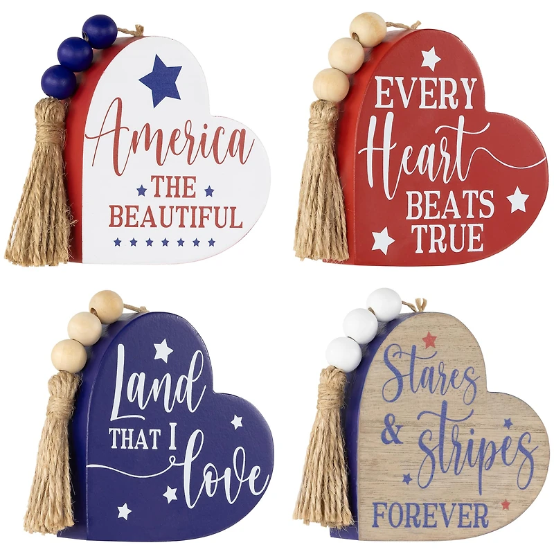4" Patriotic Hearts Tabletop Sign Set